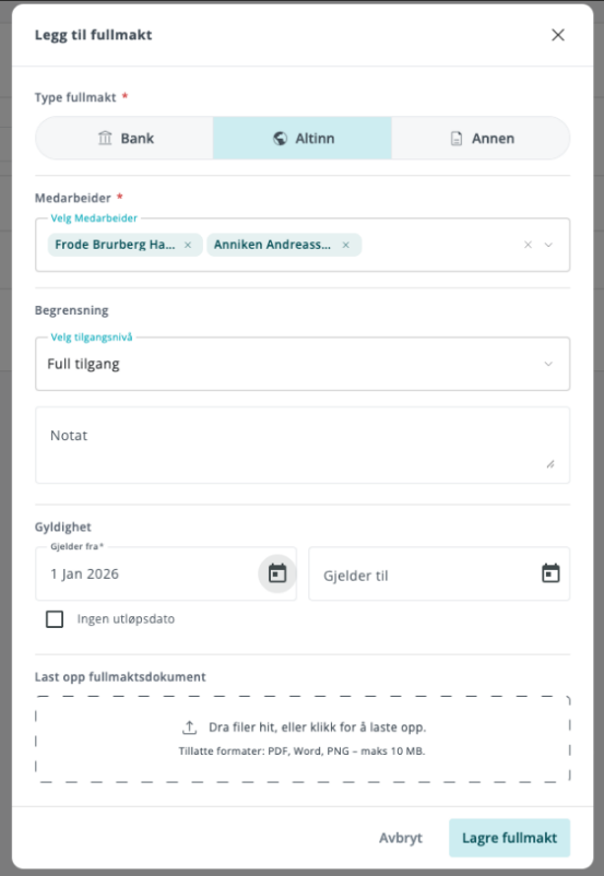 Hvordan ser legg til fullmakt bildet ut i Taskline