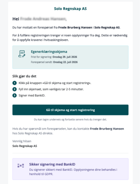 Forespørsel på epost for egenerklæringsskjema.